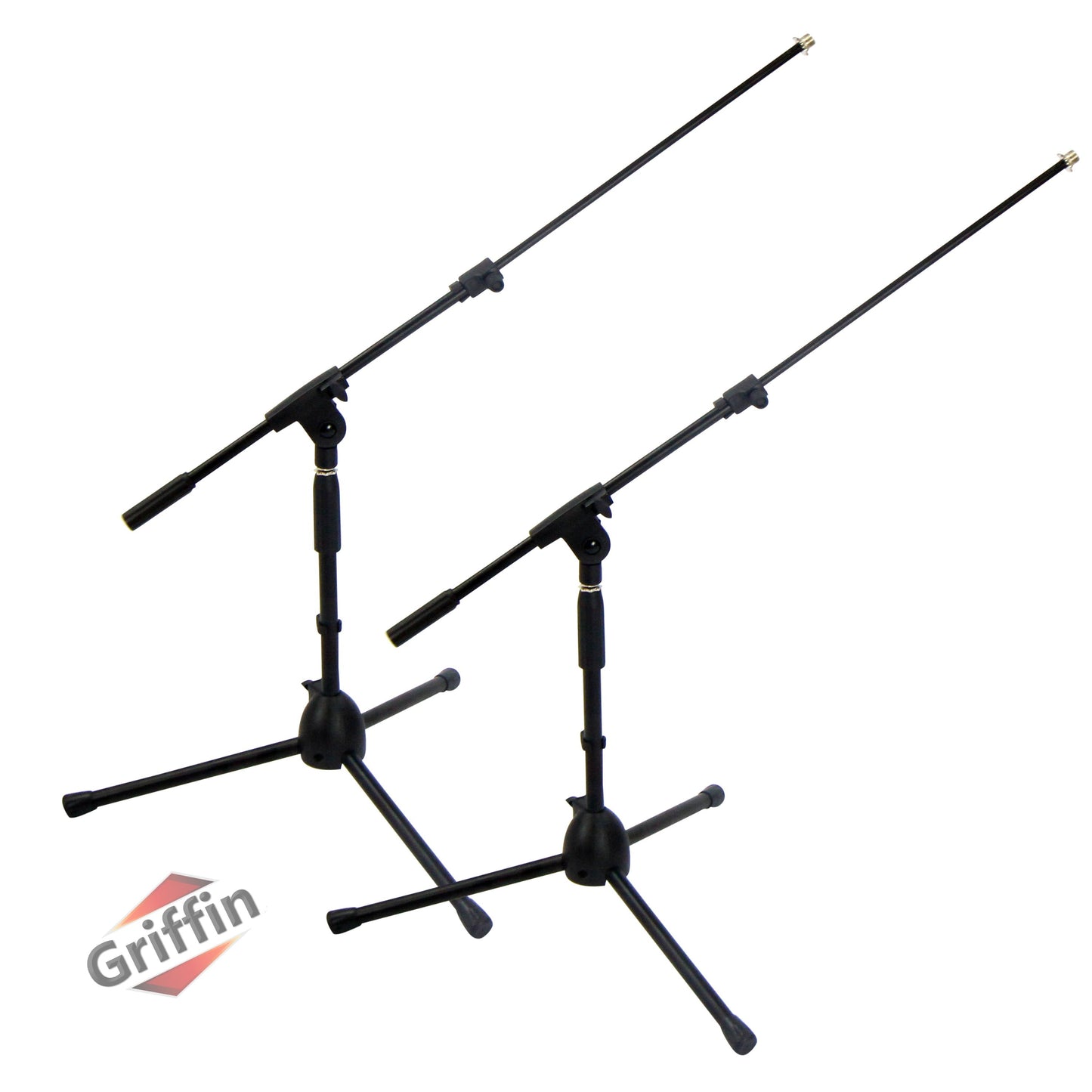 Low-Profile Microphone Stand (2 PACK) by GRIFFIN - Short Tripod Mic Stand Mount with Boom Arm for Kick Bass Drum, Studio Desktop Recording, Singing & Guitar Amplifiers - Small Height Telescoping Holder