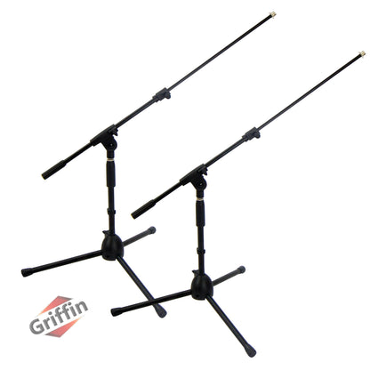Low-Profile Microphone Stand (2 PACK) by GRIFFIN - Short Tripod Mic Stand Mount with Boom Arm for Kick Bass Drum, Studio Desktop Recording, Singing & Guitar Amplifiers - Small Height Telescoping Holder