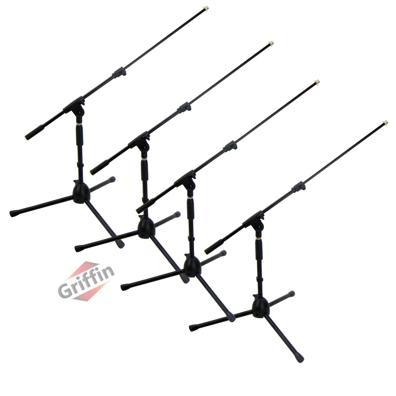 GRIFFIN Low-Profile Microphone Stand (4 PACK) - Short Tripod Mic Stand with Boom Arm for Bass Drum, Studio Recording, Stage Monitor Speakers & Guitar Amps - Small Height Telescoping Holder