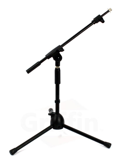 Low-Profile Microphone Stand (2 PACK) by GRIFFIN - Short Tripod Mic Stand Mount with Boom Arm for Kick Bass Drum, Studio Desktop Recording, Singing & Guitar Amplifiers - Small Height Telescoping Holder