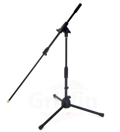 Low-Profile Microphone Stand (2 PACK) by GRIFFIN - Short Tripod Mic Stand Mount with Boom Arm for Kick Bass Drum, Studio Desktop Recording, Singing & Guitar Amplifiers - Small Height Telescoping Holder