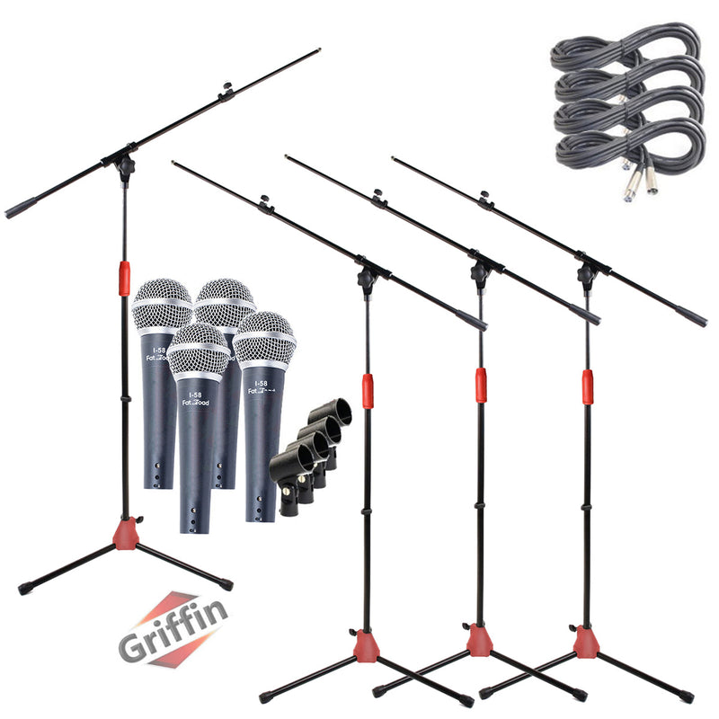 Microphone Stand with Telescoping Boom Arm, 20 Ft XLR Cable (Pack of 4) by GRIFFIN - Handheld Dynamic Mic & Clip - DJ Pro-Audio Cardioid Singing Mic