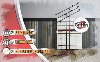 Microphone Stand with Telescopic Boom Arm (Pack of 3) by GRIFFIN - Adjustable Holder Mount For Studio Recording Accessories, Singing Vocal Karaoke