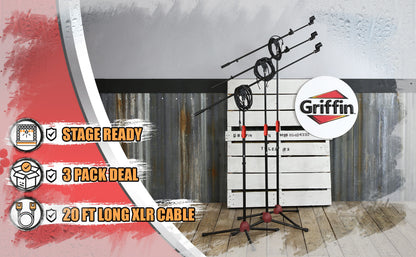 Microphone Boom Stand with XLR Mic Cable & Clip (Pack of 3) by GRIFFIN - Telescoping Arm Tripod Legs for Studio Recording Accessories, Singing Karaoke