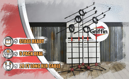 GRIFFIN Microphone Stand (Pack of 5) with XLR Cables & Mic Clip - Telescoping Boom Arm Tripod Legs for Studio Recording Accessories, Singing Vocal