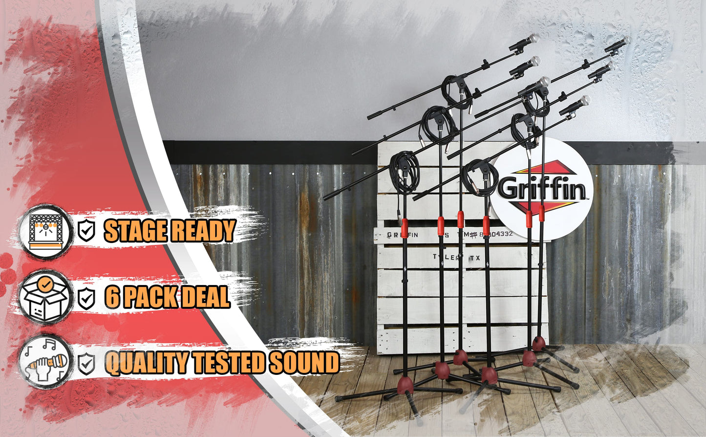 Microphone Boom Stand (GRIFFIN 6 Pack) with Cardioid Vocal Microphones & XLR Mic Cables | Karaoke Holder & Tripod Mount | Handheld Unidirectional Singing Mics for Music Home Studio Recording Streaming