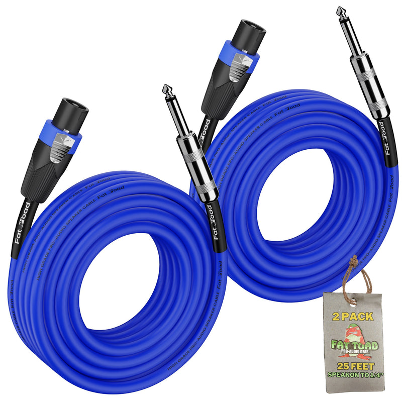 Speakon to 1/4" Male Cables (2 Pack) by FAT TOAD - 25 ft Professional Pro Audio Blue DJ Speaker PA Cord with Twist Lock Connector - 12 AWG Wire