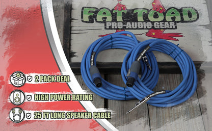 Speakon to 1/4" Male Cables (2 Pack) by FAT TOAD - 25 ft Professional Pro Audio Blue DJ Speaker PA Cord with Twist Lock Connector - 12 AWG Wire