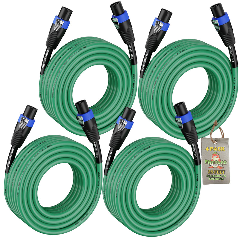 FAT TOAD Speakon to Speakon Speaker Wires (4-Pack) - 25ft DJ Pro Audio Green PA Cords with Twist Lock Connector - 12 AWG Cables for Studio Recording & Stage Gear
