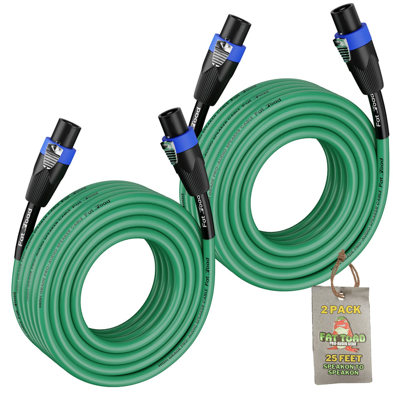 Speakon to Speakon Cables (2 Pack) by FAT TOAD - 25ft Professional DJ Pro Audio Green Speaker PA Cord w/ Twist Lock Connector - 12 AWG Wire for Studio