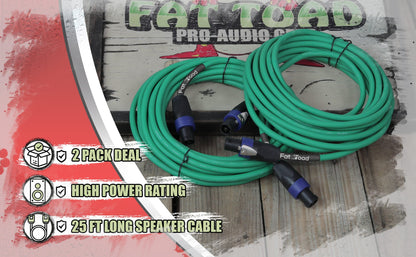 Speakon to Speakon Cables (2 Pack) by FAT TOAD - 25ft Professional DJ Pro Audio Green Speaker PA Cord w/ Twist Lock Connector - 12 AWG Wire for Studio