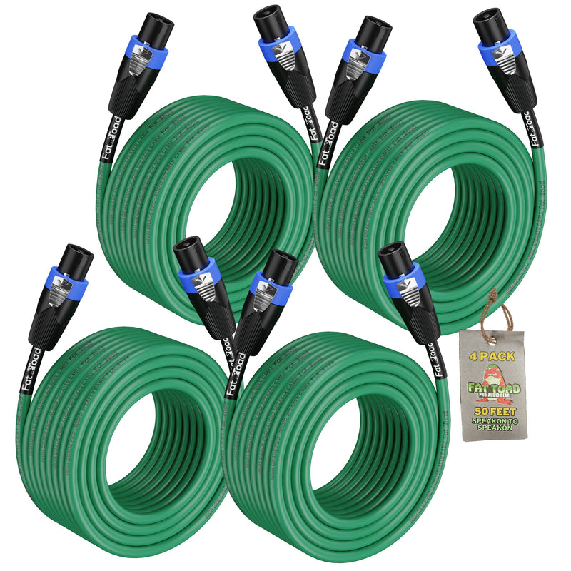 FAT TOAD Speakon to Speakon Speaker Cables 50FT (4-Pack) - DJ Pro Audio Green PA Cords with Twist Lock Connector - 12 AWG Wires for Studio Recording & Stage Gear
