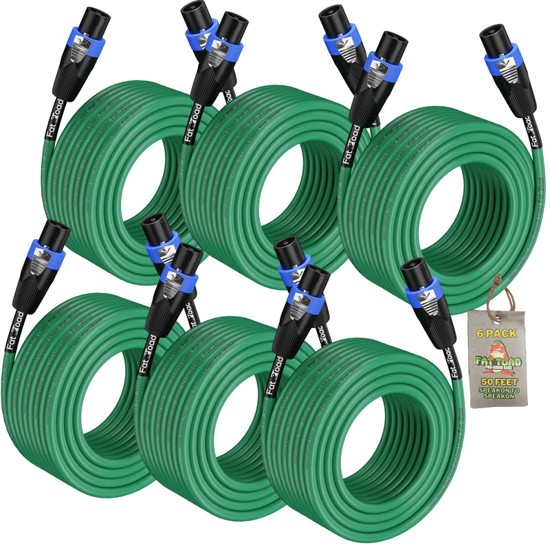50FT Speakon to Speakon Speaker Cables (6-Pack) by FAT TOAD - DJ Pro Audio Green PA Cords with Twist Lock Connector - 12 AWG Wires for Studio Recording & Stage Gear