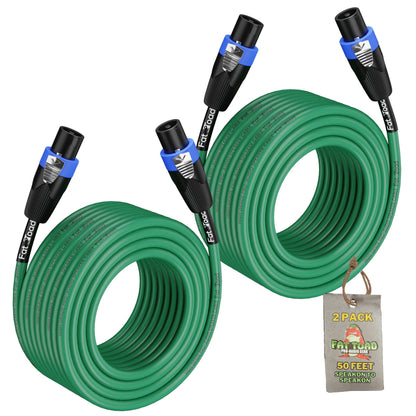 Speakon to Speakon Cables (2 Pack) by FAT TOAD - 50ft Professional Pro Audio Green Speaker PA Cord with Twist Lock Connector - 12 AWG Wire for Studio