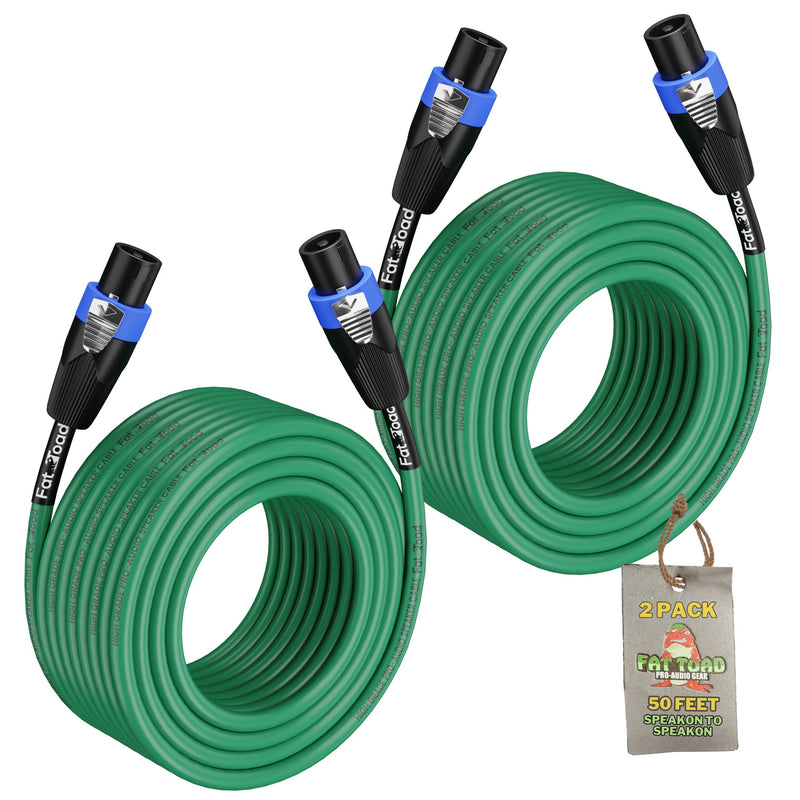 Speakon to Speakon Cables (2 Pack) by FAT TOAD - 50ft Professional Pro Audio Green Speaker PA Cord with Twist Lock Connector - 12 AWG Wire for Studio