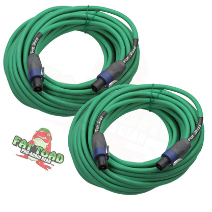 Speakon to Speakon Cables (2 Pack) by FAT TOAD - 50ft Professional Pro Audio Green Speaker PA Cord with Twist Lock Connector - 12 AWG Wire for Studio