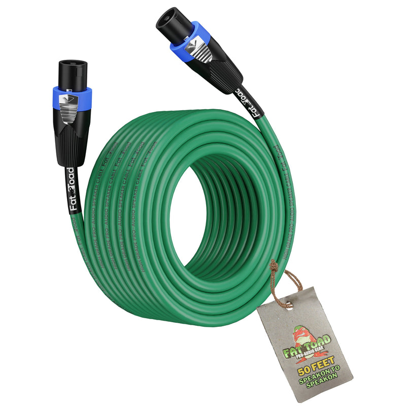Speakon to Speakon Cable by FAT TOAD - 50ft Professional 12GA Pro Audio Green Speaker PA Cord w/ Twist Lock Connector - 12 AWG Wire for Music Studio