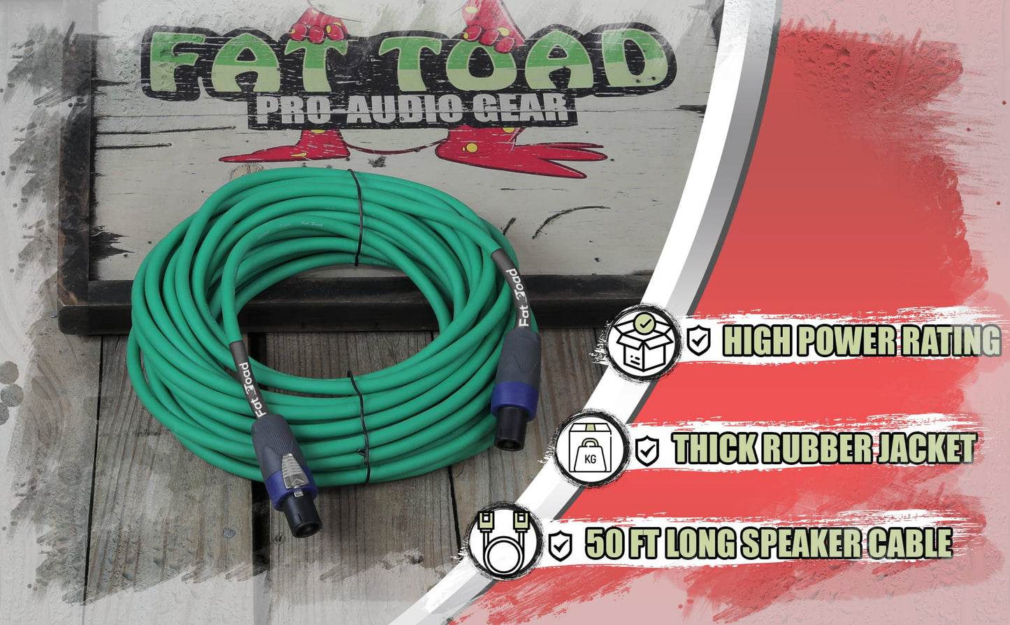 Speakon to Speakon Cable by FAT TOAD - 50ft Professional 12GA Pro Audio Green Speaker PA Cord w/ Twist Lock Connector - 12 AWG Wire for Music Studio