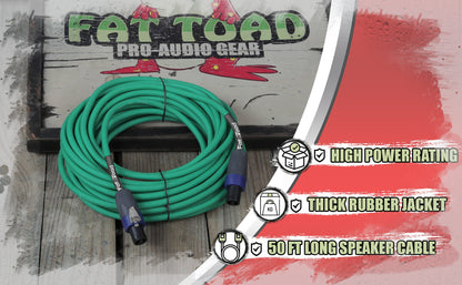 Speakon to Speakon Cable by FAT TOAD - 50ft Professional 12GA Pro Audio Green Speaker PA Cord w/ Twist Lock Connector - 12 AWG Wire for Music Studio
