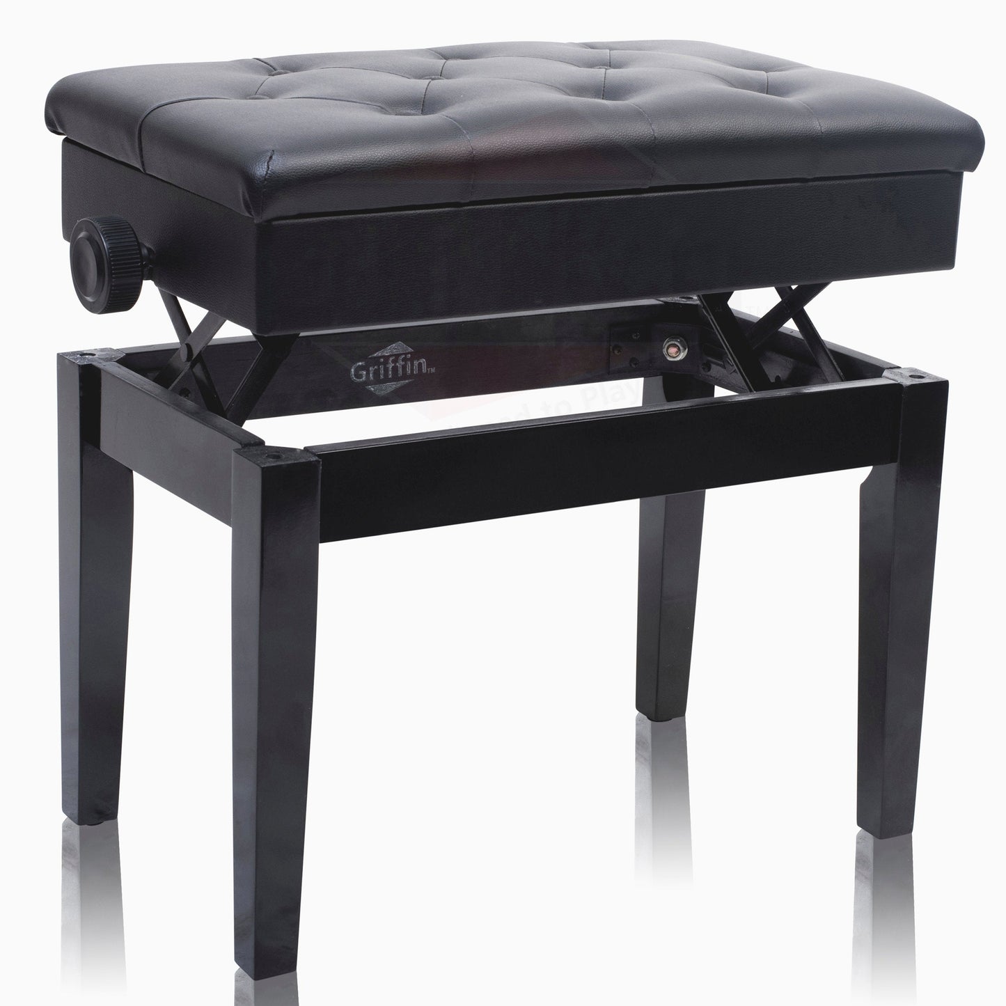 GRIFFIN Premium Antique Piano Bench | Adjustable Black Solid Wood Frame & PU Leather Padded Cushion | Vintage Ergonomic Musicians Keyboard Chair | Guitar Stool, Home Vanity Bench | Sheet Music Storage