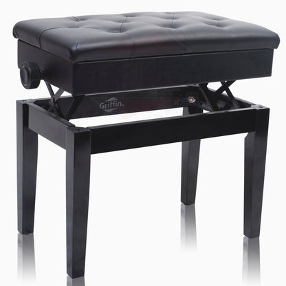 GRIFFIN Premium Antique Piano Bench | Adjustable Black Solid Wood Frame & PU Leather Padded Cushion | Vintage Ergonomic Musicians Keyboard Chair | Guitar Stool, Home Vanity Bench | Sheet Music Storage
