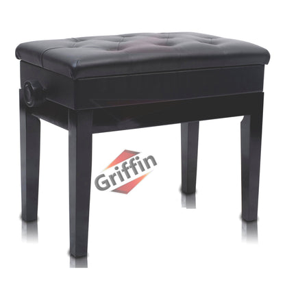 GRIFFIN Premium Antique Piano Bench | Adjustable Black Solid Wood Frame & PU Leather Padded Cushion | Vintage Ergonomic Musicians Keyboard Chair | Guitar Stool, Home Vanity Bench | Sheet Music Storage