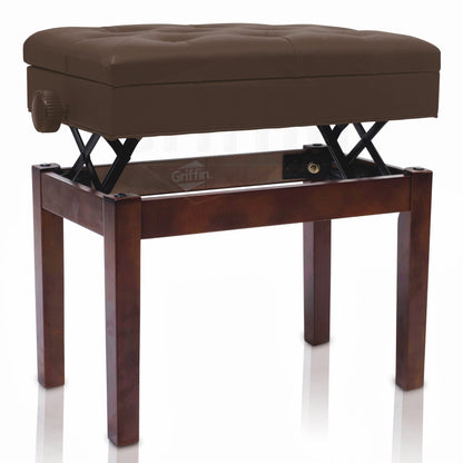 Adjustable Piano Brown PU Leather Bench by GRIFFIN - Vintage Stylish Design, Heavy-Duty & Ergonomic Keyboard Stool - Comfortable Seat & Hidden Storage
