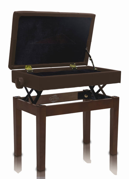 Adjustable Piano Brown PU Leather Bench by GRIFFIN - Vintage Stylish Design, Heavy-Duty & Ergonomic Keyboard Stool - Comfortable Seat & Hidden Storage