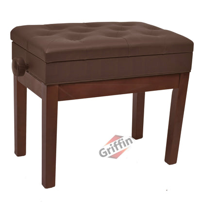 Adjustable Piano Brown PU Leather Bench by GRIFFIN - Vintage Stylish Design, Heavy-Duty & Ergonomic Keyboard Stool - Comfortable Seat & Hidden Storage