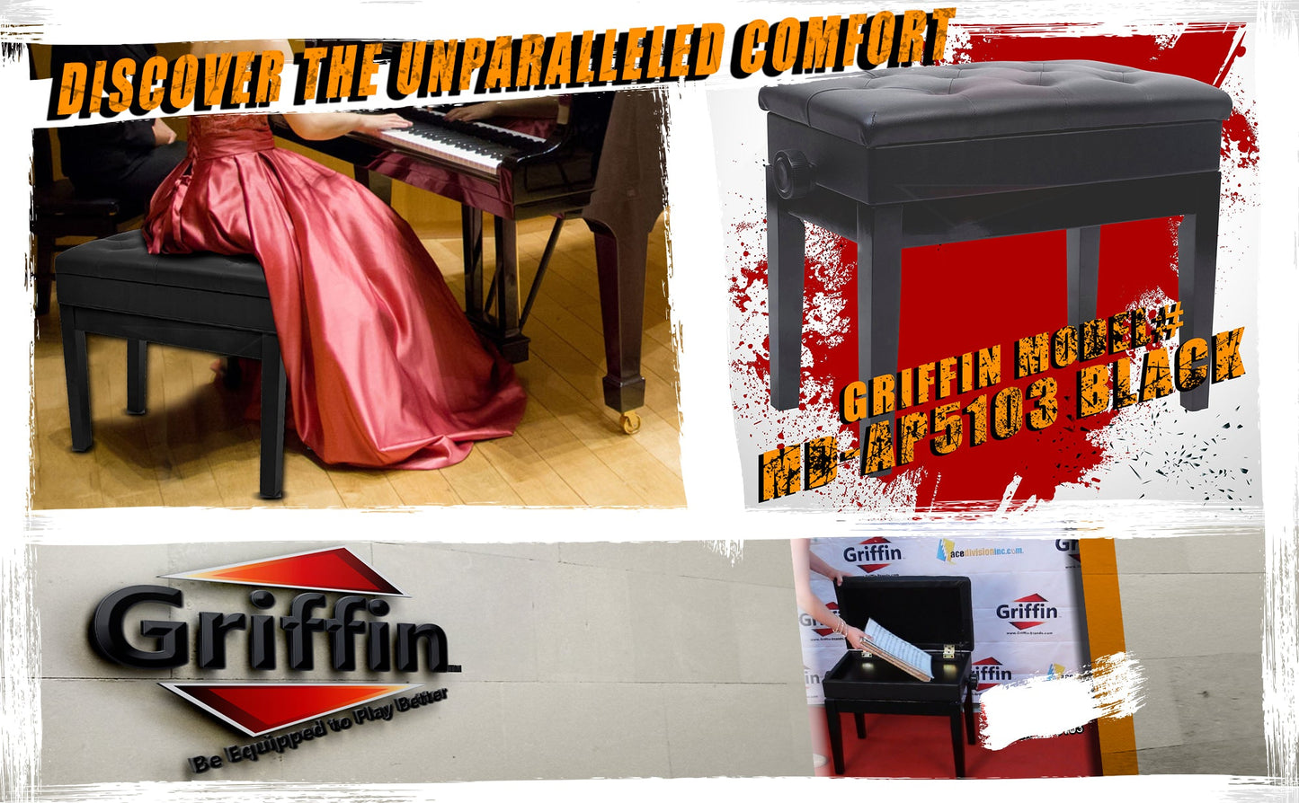 GRIFFIN Premium Antique Piano Bench | Adjustable Black Solid Wood Frame & PU Leather Padded Cushion | Vintage Ergonomic Musicians Keyboard Chair | Guitar Stool, Home Vanity Bench | Sheet Music Storage