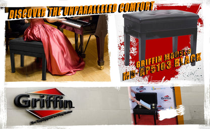 GRIFFIN Premium Antique Piano Bench | Adjustable Black Solid Wood Frame & PU Leather Padded Cushion | Vintage Ergonomic Musicians Keyboard Chair | Guitar Stool, Home Vanity Bench | Sheet Music Storage