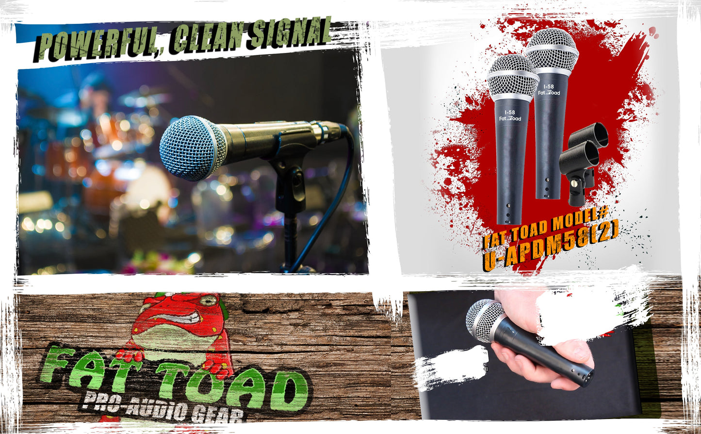 Dynamic Vocal Microphones with Clips (2 Pack) FAT TOAD - Cardioid Handheld, Unidirectional Mic - Singing Wired Microphone for Music Stage Instrument