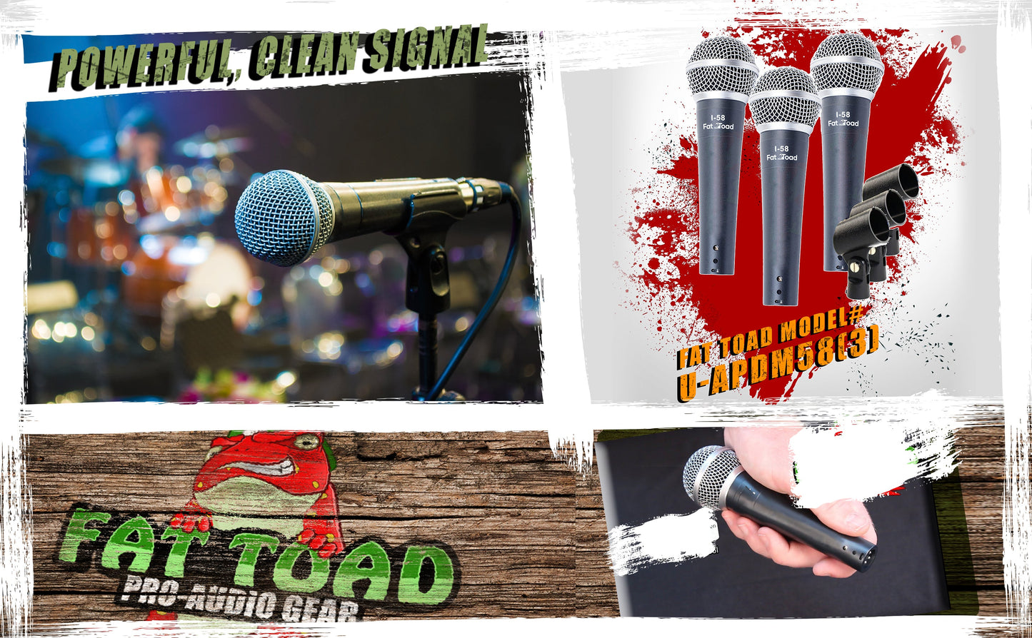 Vocal Handheld Microphones & Clips (3 Pack) by FAT TOAD - Cardioid Dynamic, Wired Instrument Mic - Singing Microphone for Live Streaming, Music Stage