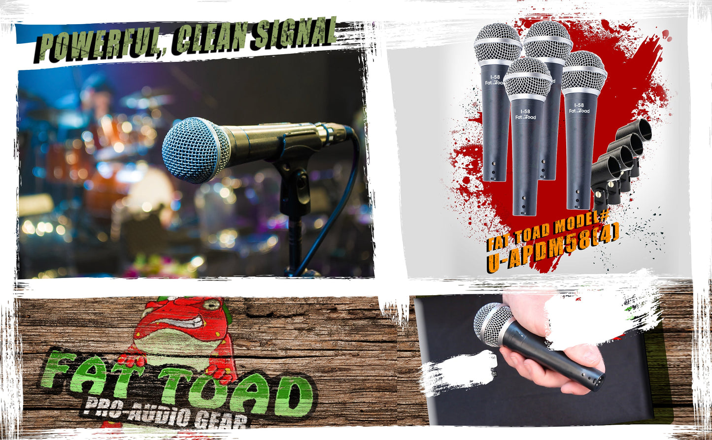 Cardioid Microphones with Clips (4 Pack) by FAT TOAD - Vocal Handheld, Wired Unidirectional Mic - Singing Microphone for Music Stage Performance