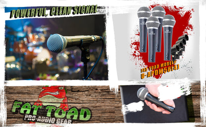 Cardioid Microphones with Clips (4 Pack) by FAT TOAD - Vocal Handheld, Wired Unidirectional Mic - Singing Microphone for Music Stage Performance