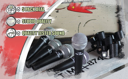 Studio Recording Microphones with Clips (5 Pack) by FAT TOAD - Vocal Handheld, Unidirectional Wired Mic - Cardioid Dynamic Singing Microphone
