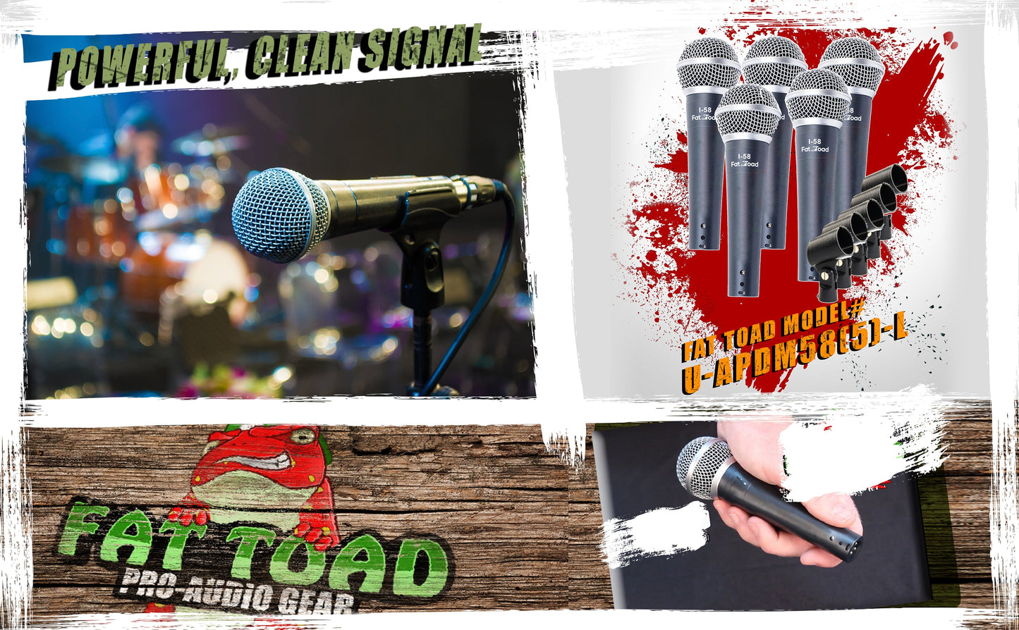 Studio Recording Microphones with Clips (5 Pack) by FAT TOAD - Vocal Handheld, Unidirectional Wired Mic - Cardioid Dynamic Singing Microphone