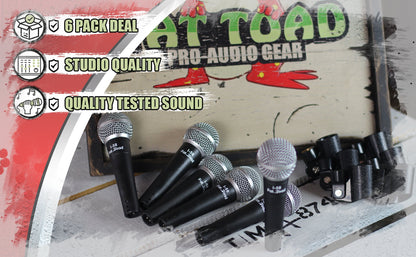 Cardioid Dynamic Microphones & Clips (6 Pack) by FAT TOAD - Professional Vocal Handheld, Unidirectional Mic - Singing Microphone Designed for DJ Stage