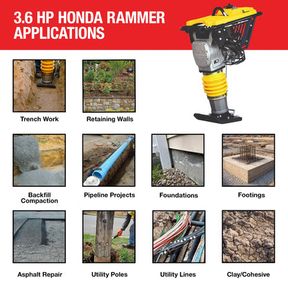 3.6HP Honda Vibratory Rammer Jumping Jack Tamper with Honda GXR120 Engine Impact Force 3,550 lbs/ft