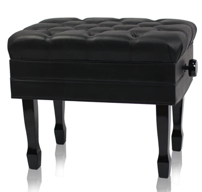 Genuine Leather Adjustable Piano Bench by GRIFFIN | Black Solid Wood Vintage Style & Heavy-Duty Ergonomic Keyboard Stool | Cushion Seat With Storage Space | Home Vanity Bench or Musicians Guitar Chair
