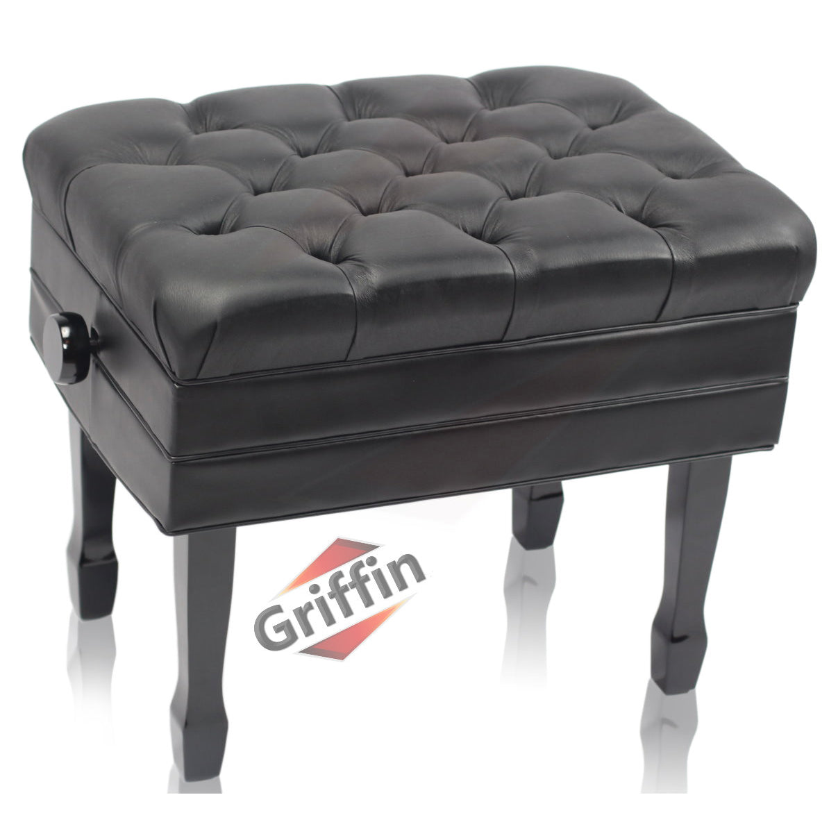 Genuine Leather Adjustable Piano Bench by GRIFFIN | Black Solid Wood Vintage Style & Heavy-Duty Ergonomic Keyboard Stool | Cushion Seat With Storage Space | Home Vanity Bench or Musicians Guitar Chair