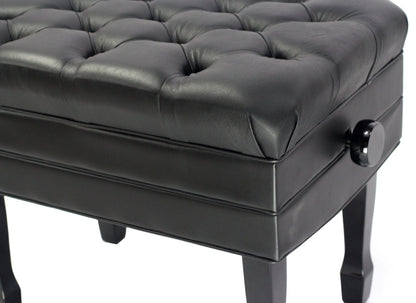 Genuine Leather Adjustable Piano Bench by GRIFFIN - Black Solid Wood Vintage Style & Heavy-Duty Ergonomic Keyboard Stool - Cushion Seat With Storage