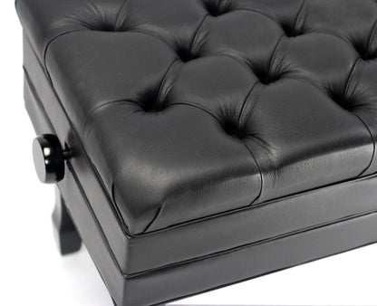 Genuine Leather Adjustable Piano Bench by GRIFFIN - Black Solid Wood Vintage Style & Heavy-Duty Ergonomic Keyboard Stool - Cushion Seat With Storage