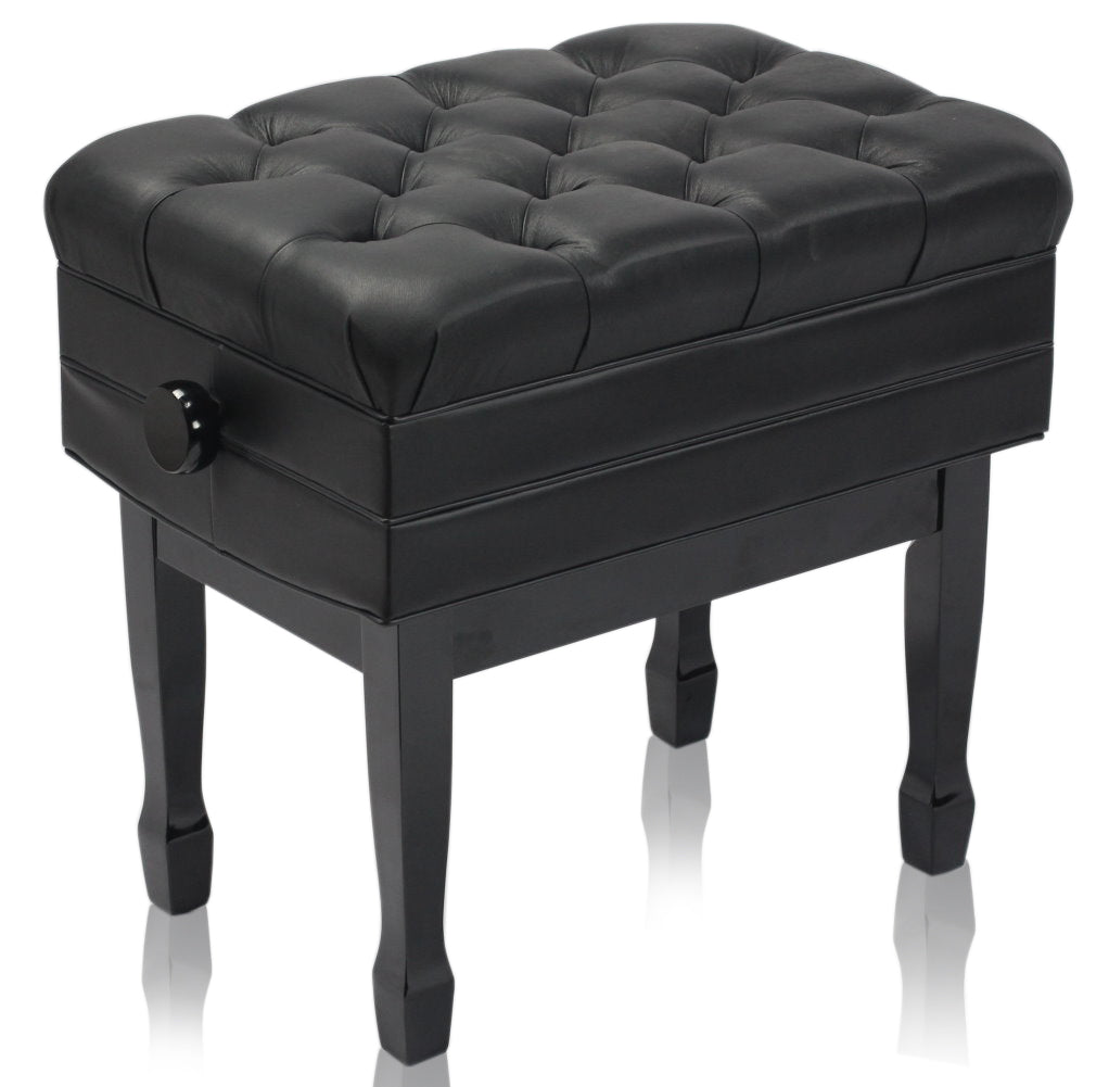 Genuine Leather Adjustable Piano Bench by GRIFFIN - Black Solid Wood Vintage Style & Heavy-Duty Ergonomic Keyboard Stool - Cushion Seat With Storage