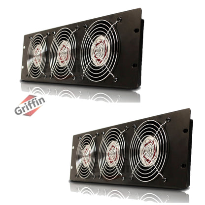 Rackmount Cooling Fan (2 PACK) by GRIFFIN - 3U Ultra-Quiet Triple Exhaust Fans to Keep Studio Audio Gear Cool - Rack Mount for Network IT Server Rails with Temperature Control Panel Cabinet