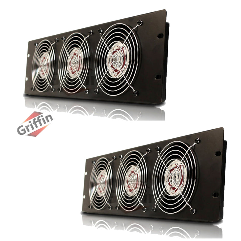 Rackmount Cooling Fan (2 PACK) by GRIFFIN - 3U Ultra-Quiet Triple Exhaust Fans to Keep Studio Audio Gear Cool - Rack Mount for Network IT Server Rails with Temperature Control Panel Cabinet