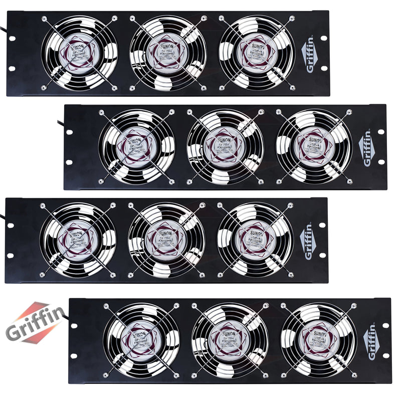 GRIFFIN Rackmount Exhaust Fan (4 PACK)- 3U Ultra-Quiet Triple Cooling Fans to Keep Studio Audio Gear Cool - Rack Mount for Network IT Server Rails with Temperature Control Panel Cabinet