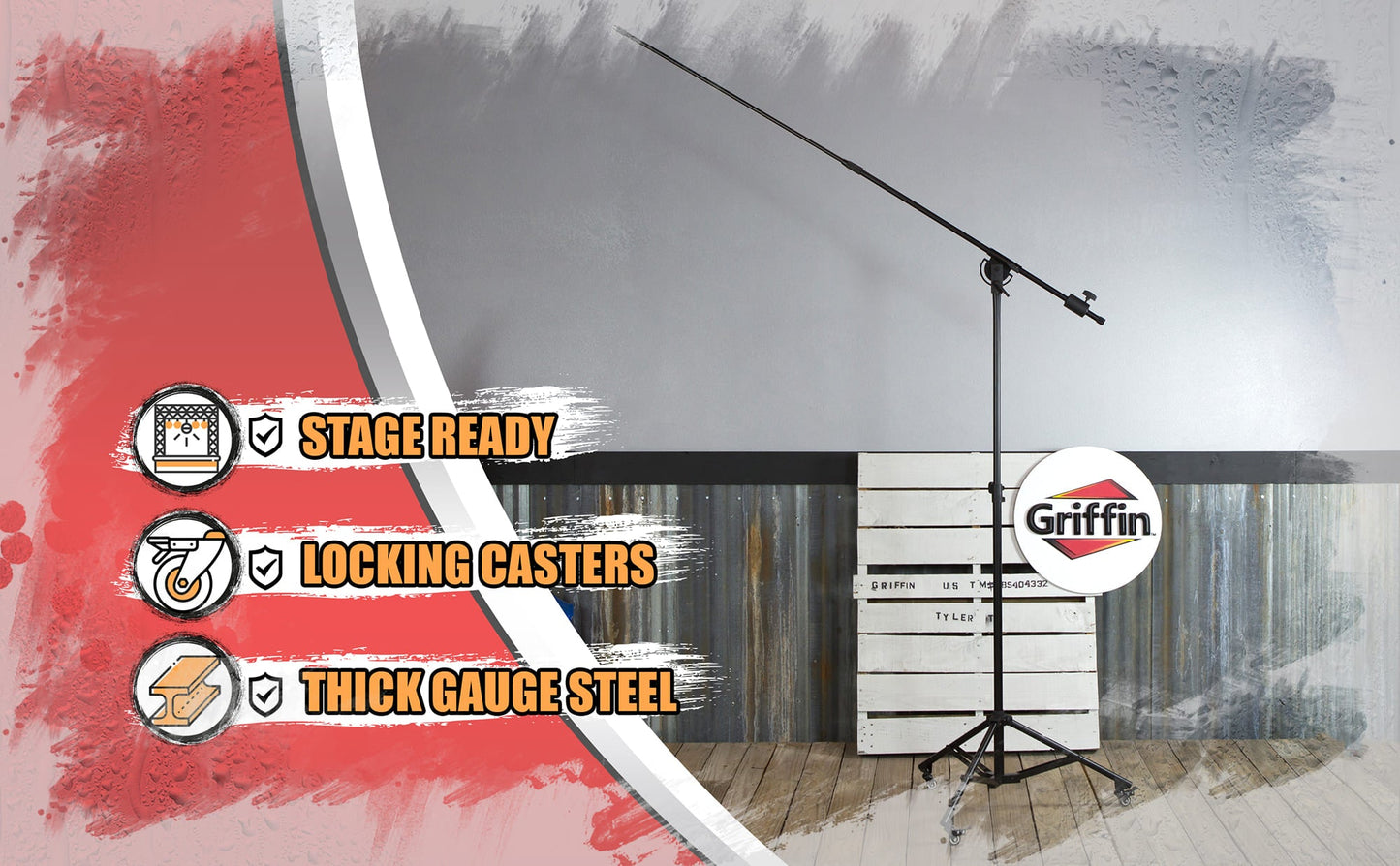 GRIFFIN Professional Studio Microphone Boom Stand with Casters | Extended Height Recording Mic Holder Tripod on Wheels | Tall Telescoping Arm Mount & Retractable Legs for Vocals, Choir, Overhead Drums
