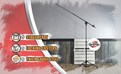 GRIFFIN Professional Studio Microphone Boom Stand with Casters | Extended Height Recording Mic Holder Tripod on Wheels | Tall Telescoping Arm Mount & Retractable Legs for Vocals, Choir, Overhead Drums