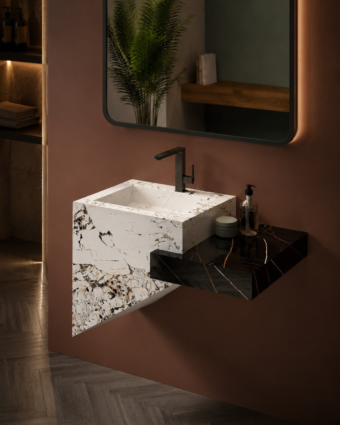 Modern bathroom sink with marble countertop and black faucet against a pink wall.